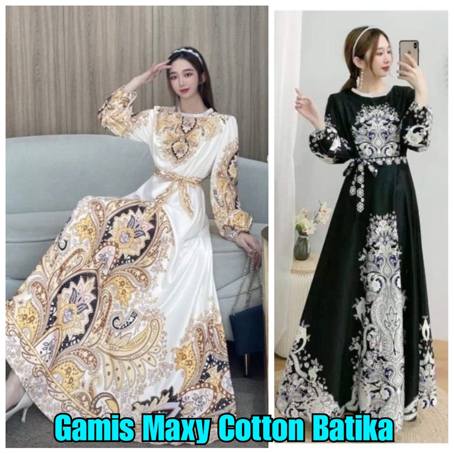 Baju Gamis Maxi Dress Cotton Batika Trend Kekinian 2023 Pesta Kondangan Wanita Dewasa Mewah Elegan A