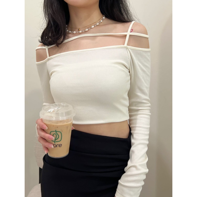 Trivela - Cherie Top 060 | Angel Top | Twist Front Boat Neck Off Shoulder Crop Long Sleeve Basic Atasan Wanita / NKD