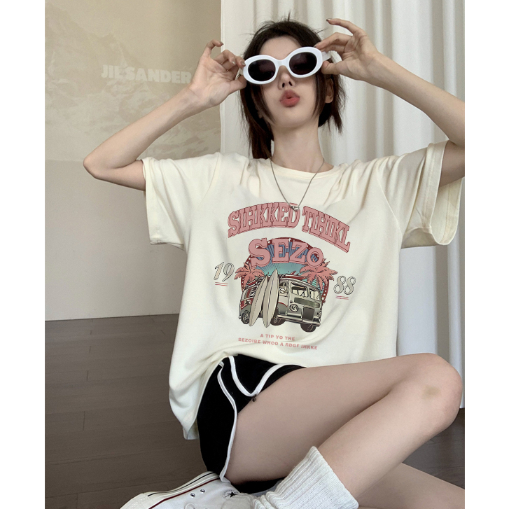 baju warna putih atasan wanita lengan pendek korean style letter car graffiti print T-shirt import oversize kekinian kaos cream