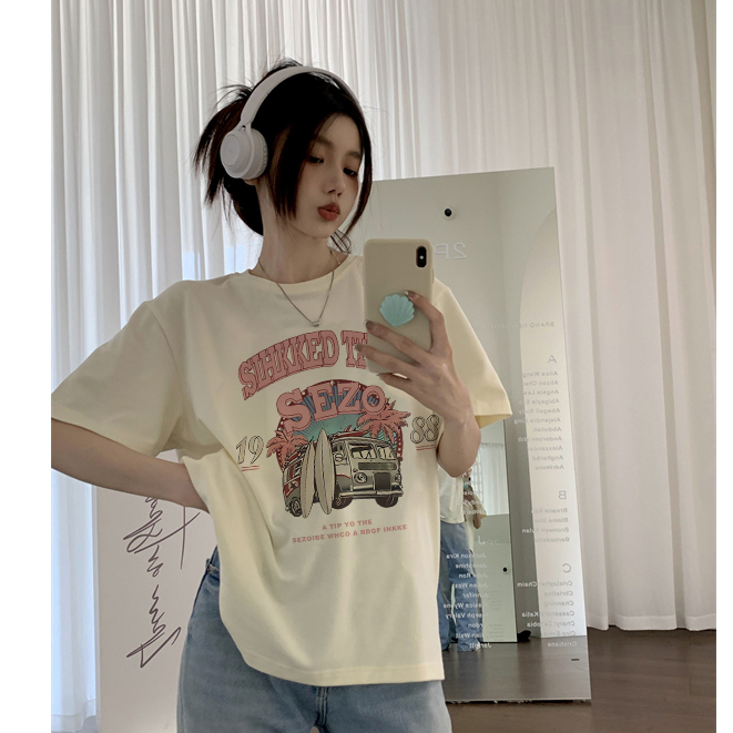 baju warna putih atasan wanita lengan pendek korean style letter car graffiti print T-shirt import oversize kekinian kaos cream