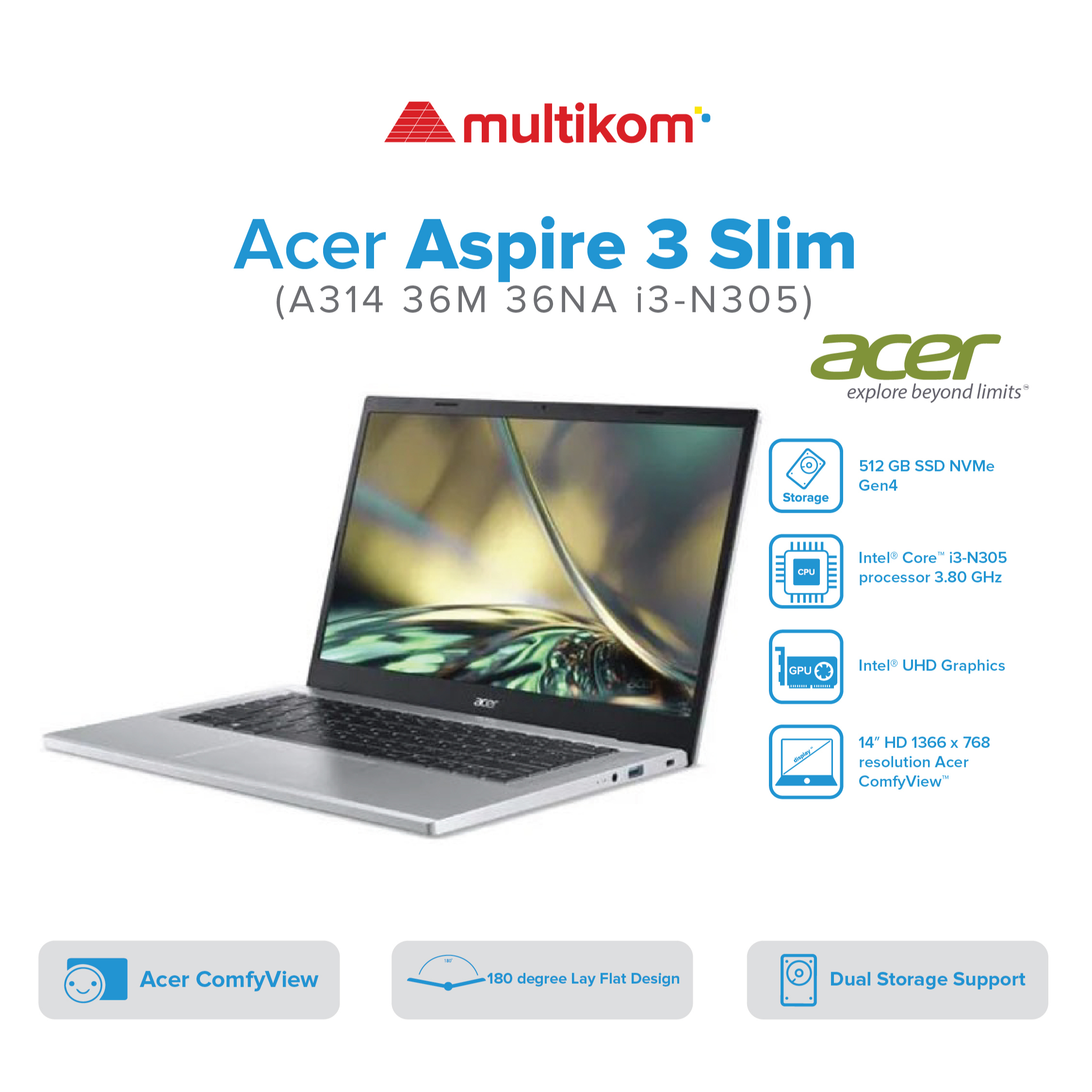 Acer Aspire 3 Slim A314 36M 36NA 37J3 i3-N305 8GB 512GB SSD HD W11 OHS
