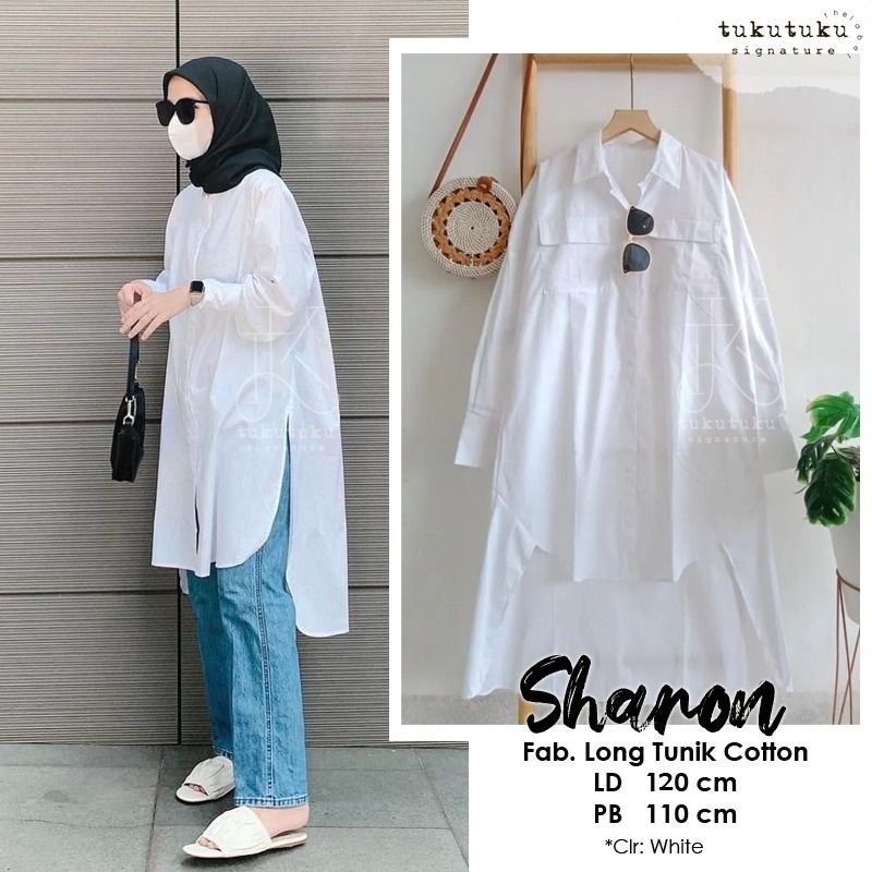 Sharon Long Tunik Polos Putih Biru Katun Hq Ld 120 Jumbo Fit XXL Busui Kancing Aktif By TukuTuku