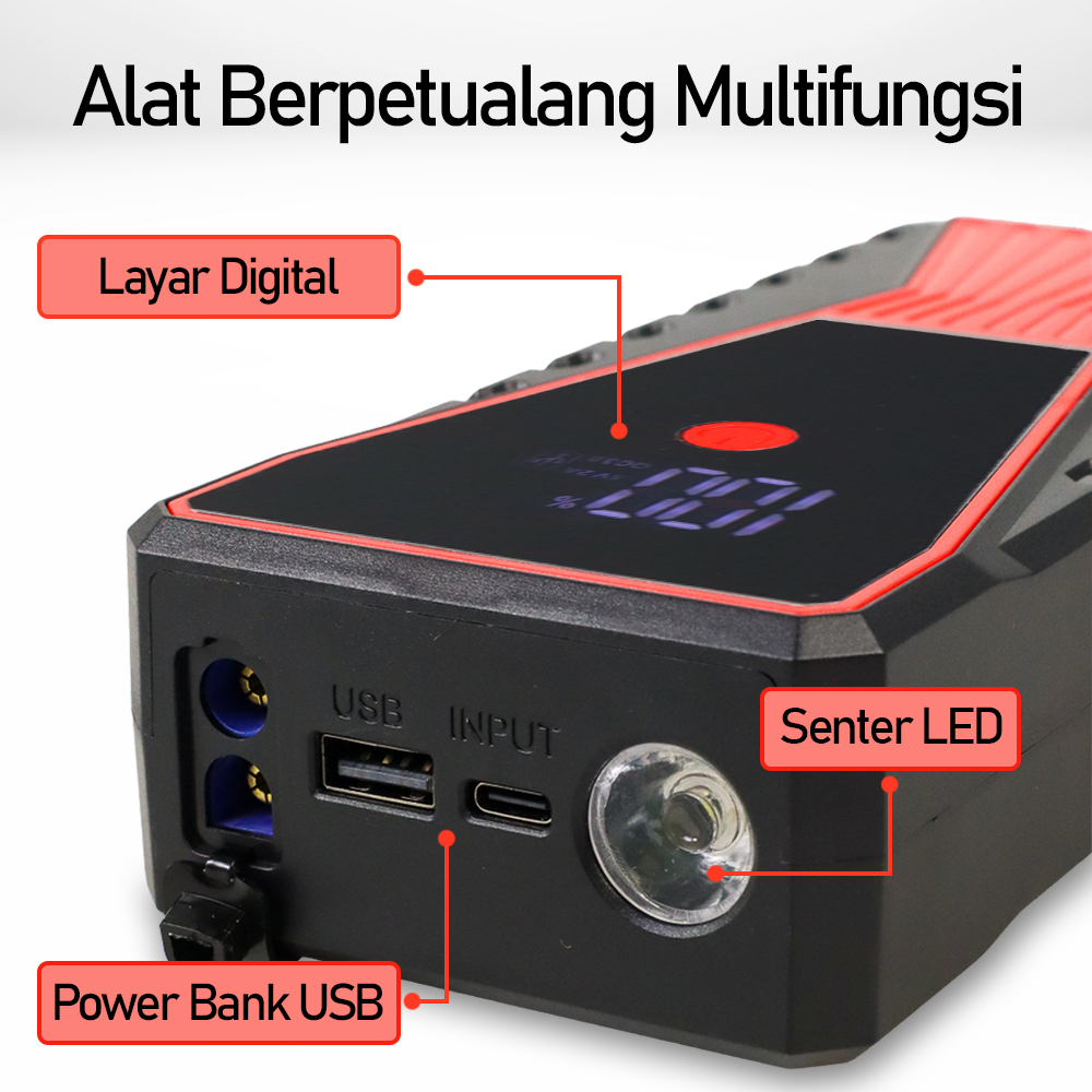 Jump Starter Mobil Power Bank Senter USB 12V 10000mAh - JX57Pro - Black/Red