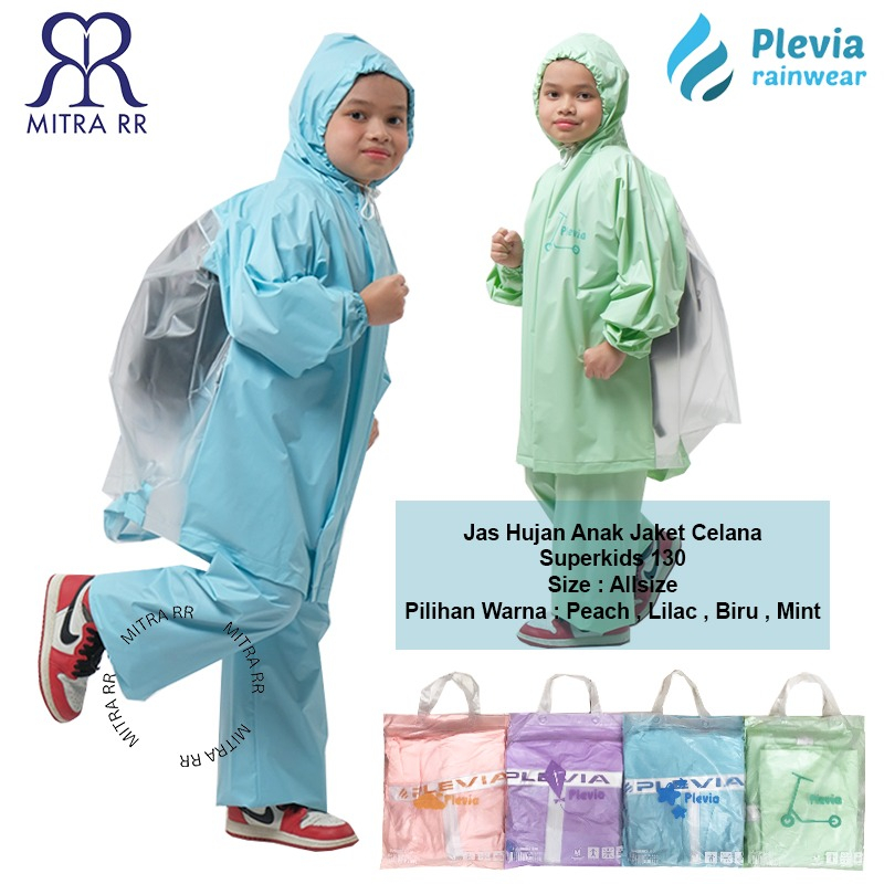 Jas Hujan Plevia Jacket Celana Anak Backpack Superkids 130 Usia SD 4-8 Tahun Raincoat PVC