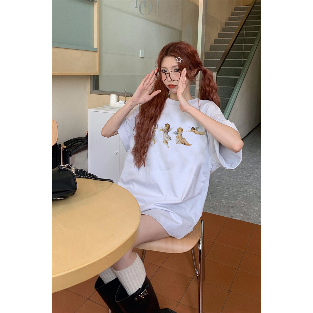 EUNII T-shirt Lengan Pendek Cartoon Angle Wings Korean Style/Kaos Atasan Wanita/Baju Kaus Oversize Wanita/Kaos Wanita