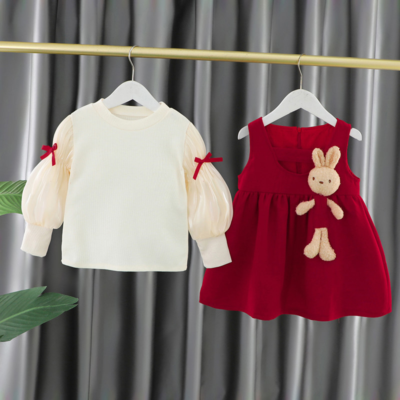 DK34 Dress anak dan bayi lengan panjang balon motif boneka kelinci