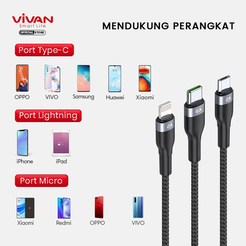 KABEL DATA VIVAN VYT120 6A TYPEC/MICRO/IPHONE FLASH CHARGING 120 CM