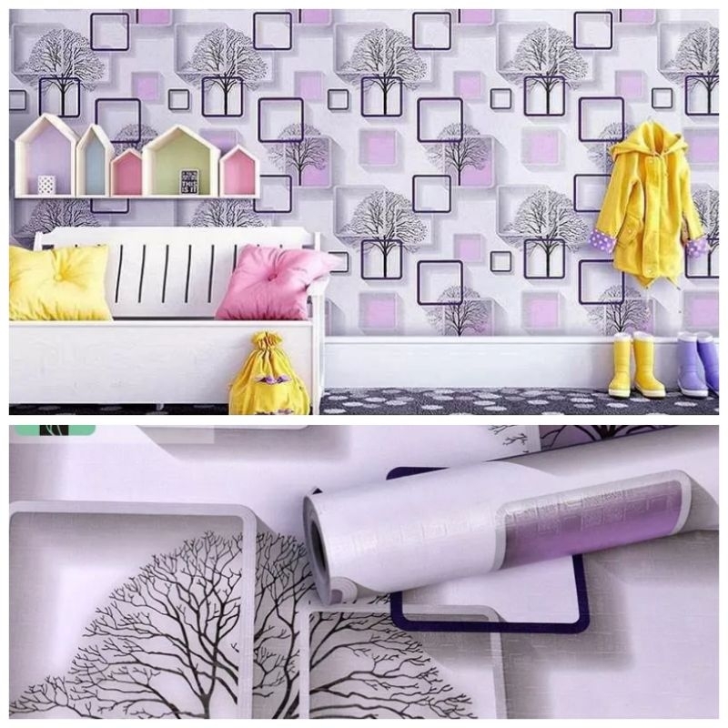 Wallpaper Sticker Dinding Motif Kotak Pohon Ungu 3D