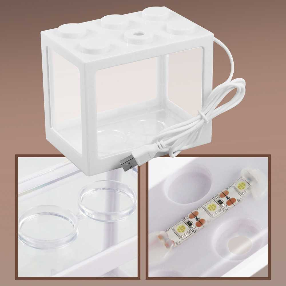 Aquarium Mini Lego Block 4 Windows 12x8x10cm White LED Akuarium Kecil Desain Unik LED Berkualitas