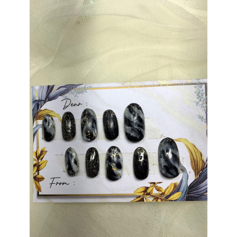kuku palsu/ fake nails/ fake nails hitam/ motif marble/ kuku palsu weding