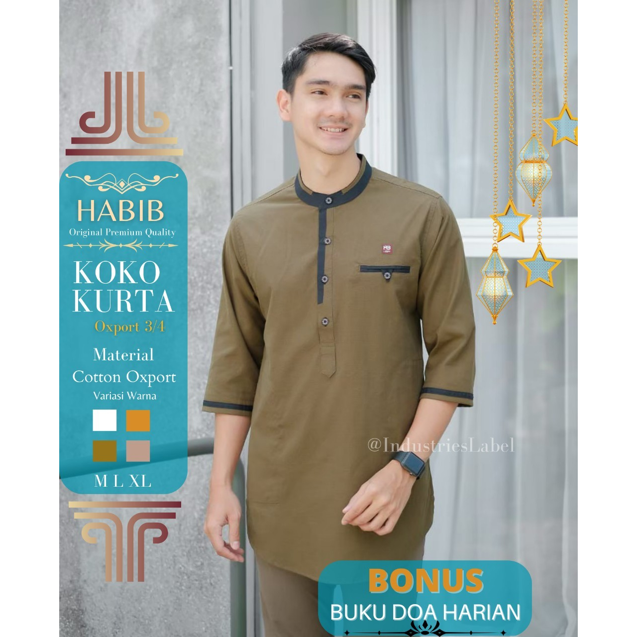 HABIB MUSLIM KURTA ORIGINAL Koko kurta baju muslim pria lengan tiga perempat warna dark oliv art seri 02