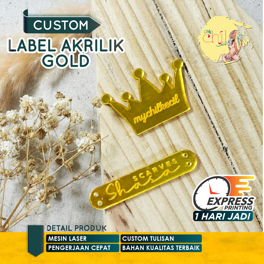 Label Akrilik Gold Rebranding Hijab Warna Gold / Baju / Gamis / Label Baju Acrylic / Label Jilbab Go