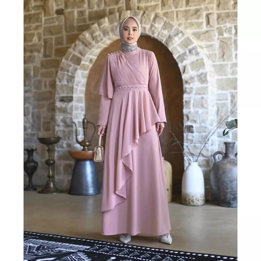 Yuvika Dress Aplikasi Mutiara Gamis Ceruty Babydoll Full Furing Baju Kondangan Wanita Gaun Pesta Muslimah