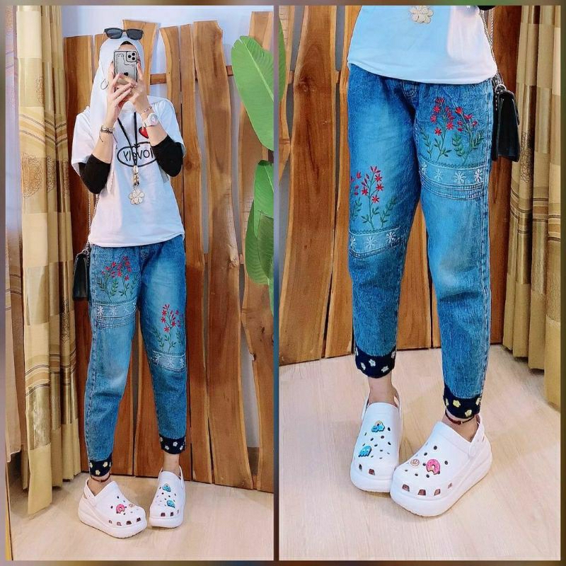 Flo Bordir Jeans Pants, CELANA JEANS WANITA CANTIK MODIS FIT XL LP 60-96 BAHAN JEANS WASH MIX BORDIR PINGGANG KARET TERMURAH TERLARIS OOTD KEKINIAN