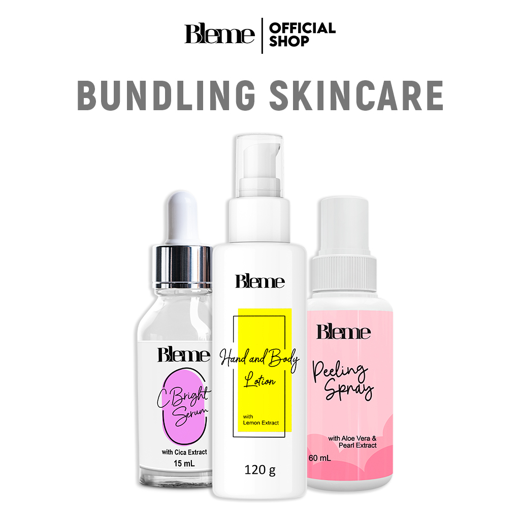 Paket Glowing Bundling Skincare Bleme All Products Whitening Hand and Body Lotion + Peeling Spray + 