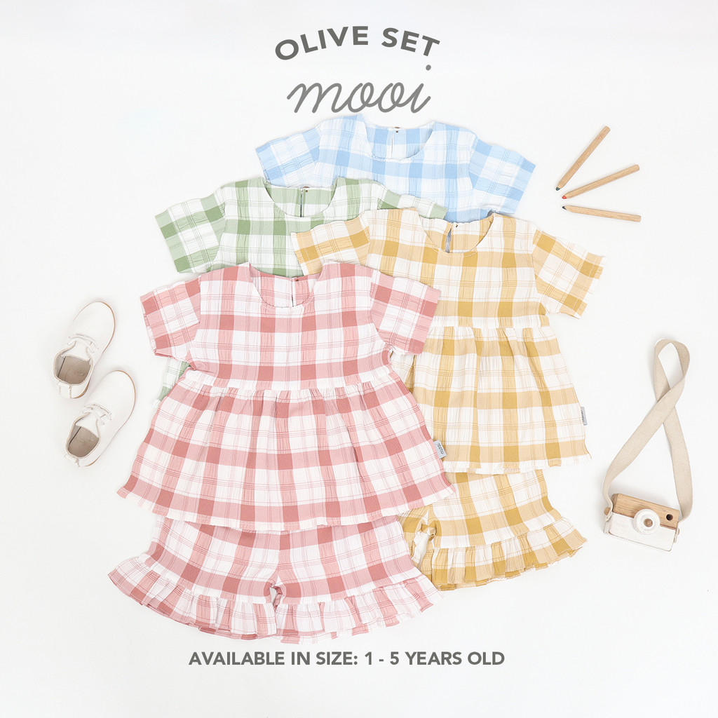 MOOI OLIVE SET SETELAN ANAK PEREMPUAN MOTIF KOTAK SETELAN BAJU PENDEK ANAK 1-5 TAHUN