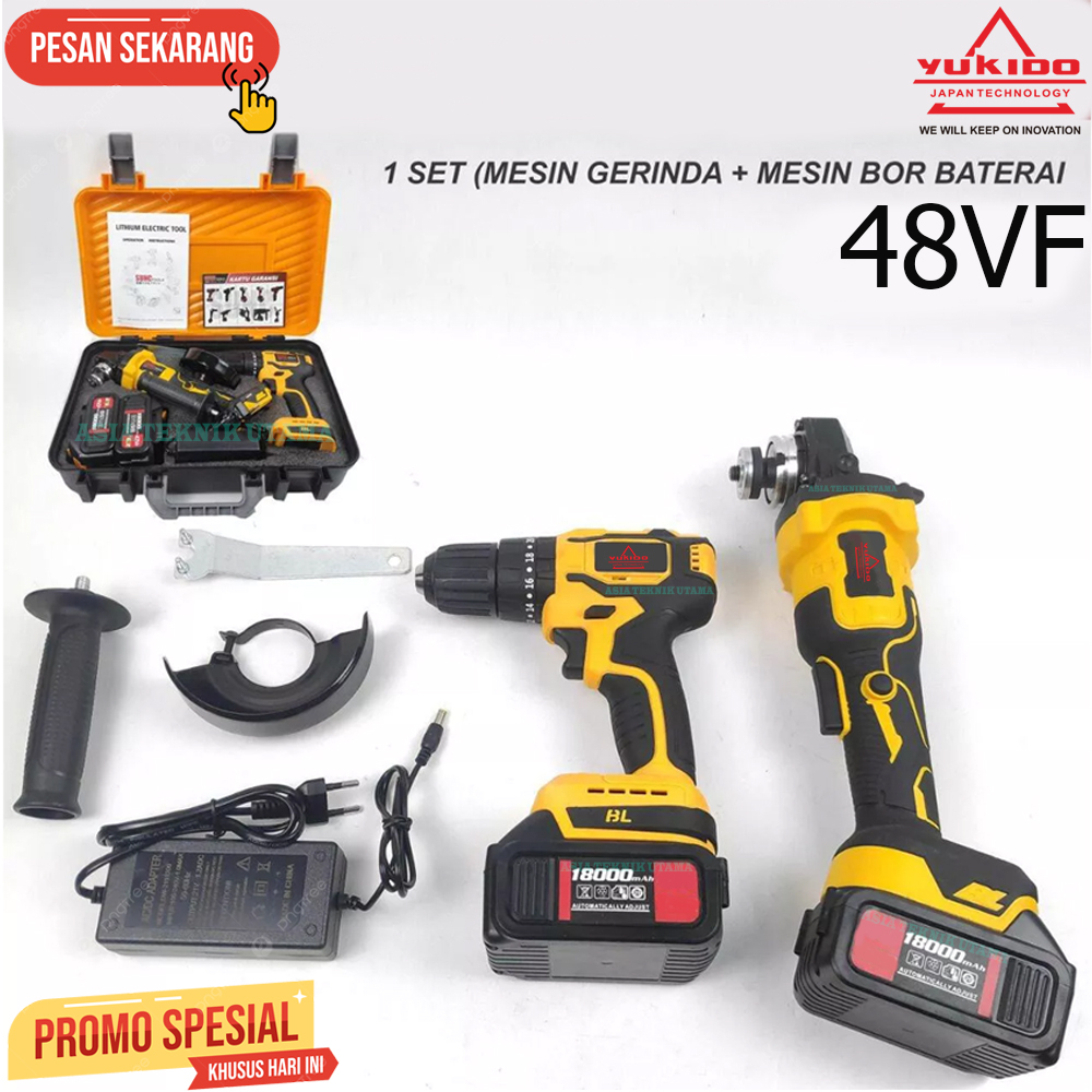 PROMO 2 ITEM Mesin Bor &amp; Gerinda Baterai Cordless Drill 48VF YUKIDO FULL SET