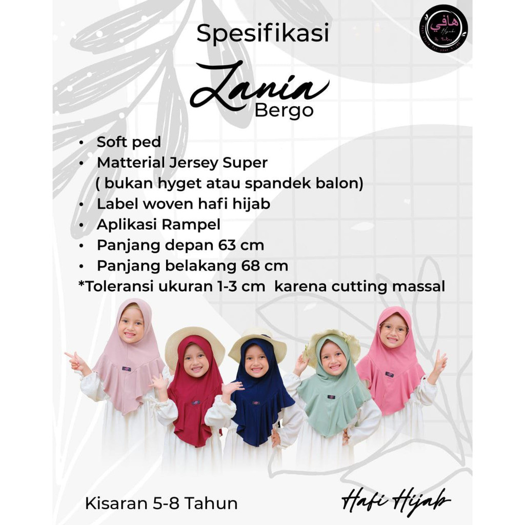 AfsheenaStore Bergo Zania By Hafi/ Jilbab Anak