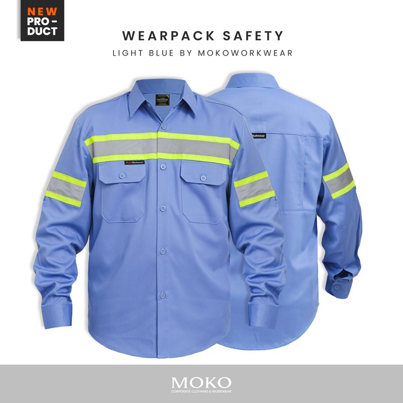 MokoWorkwear - Wearpack Safety Light Blue Lime / Baju Safety BUMA / Kemeja Safety Biru Muda / Wearpa