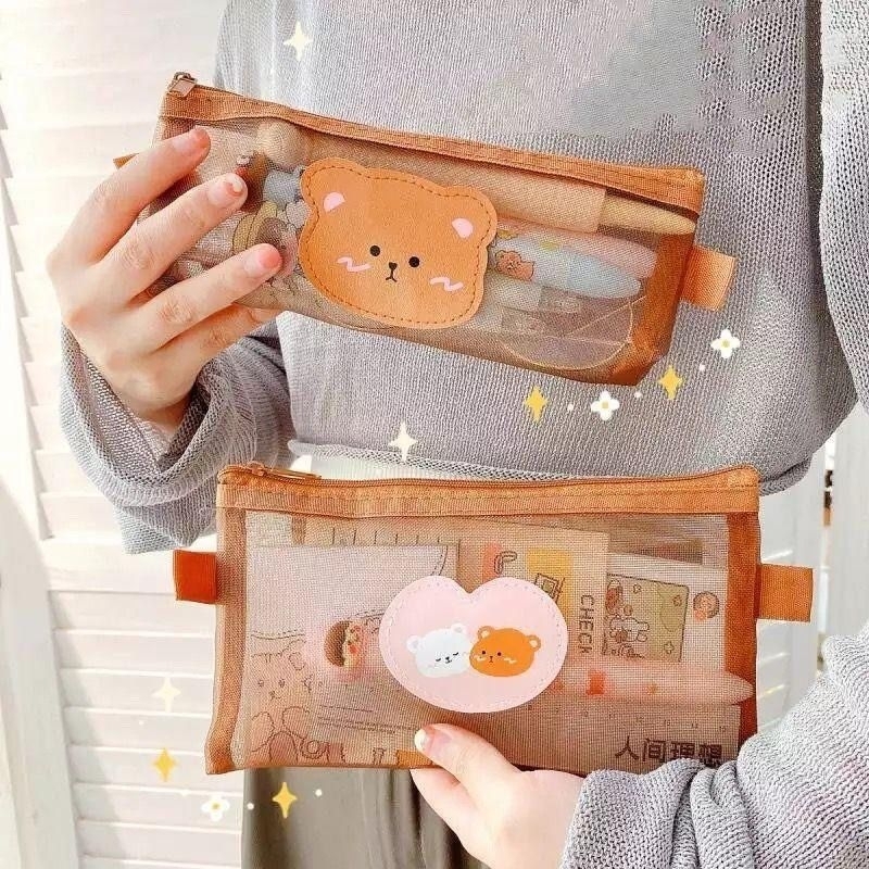 Tempat Pensil Zipper Coklat Motif Bear Love Dompet Pensil Lucu Terbaru Termurah Muat Banyak Fashion Korea