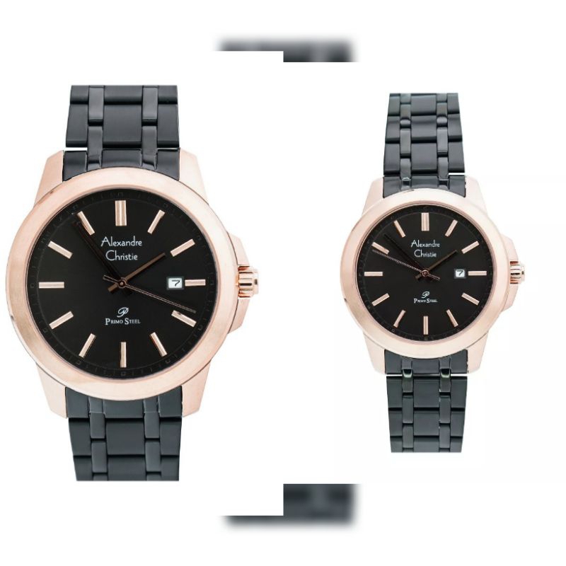 Jam Tangan Couple Alexandre Christie Ac 1017  Black RoseGold Primo Steel Original