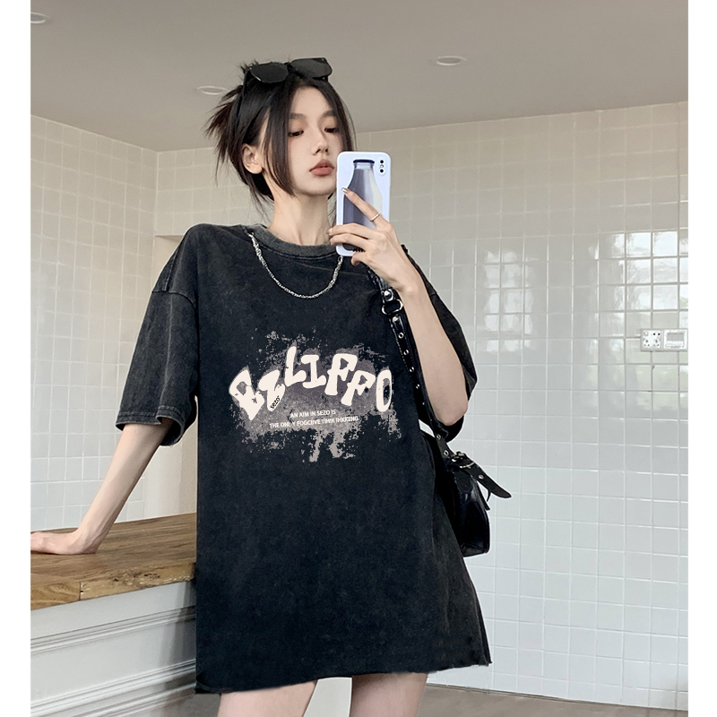 kaos hitam oversize wanita/import lengan pendek american retro letter graffiti printed kekinian baju kaos wanita