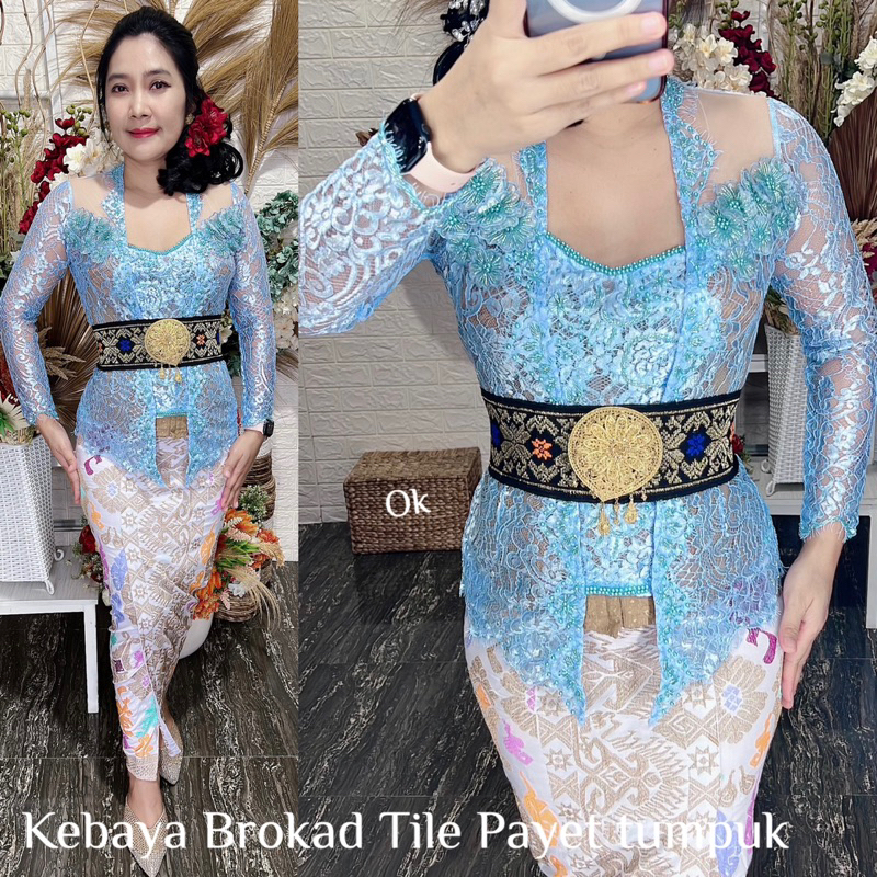 kebaya brokad tile payet bunga tumpuk metalic