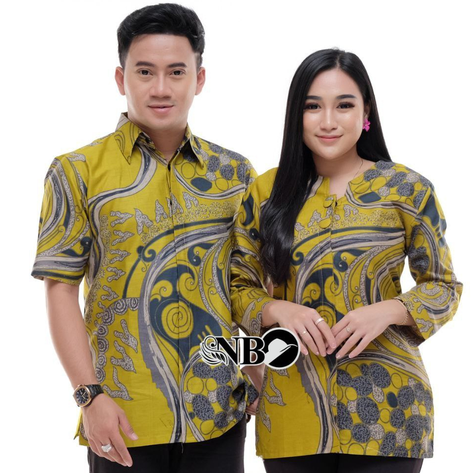Baju Batik Couple Pasangan Motif Watu Mili Kuning Lengan Pendek Katun
