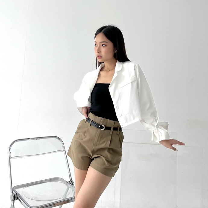 Flounce Sleeve Blazer / Top Korean Wanita / Blazer Crop Top / Atasan Lengan Panjang Wanita