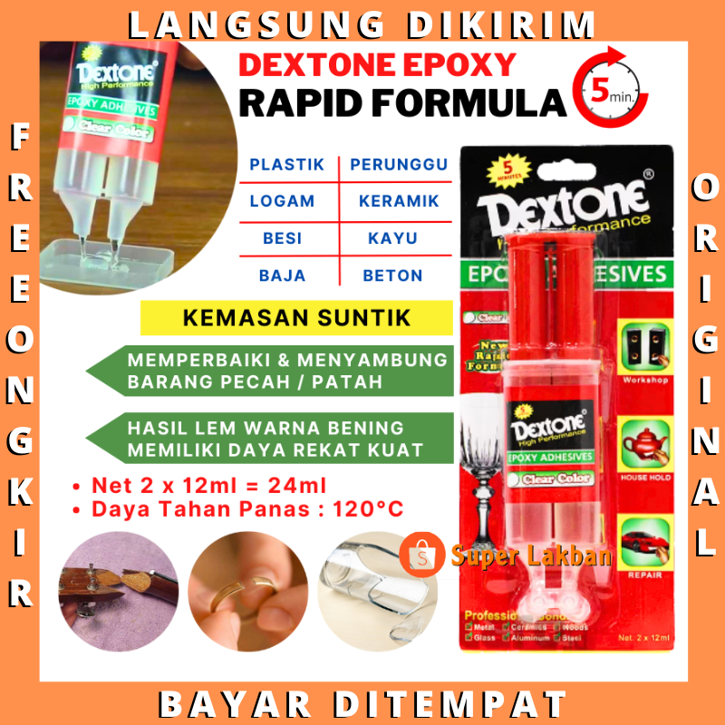 Dextone Lem Epoxy 5 menit Kemasan Suntikan Clear Bening Formula Baru