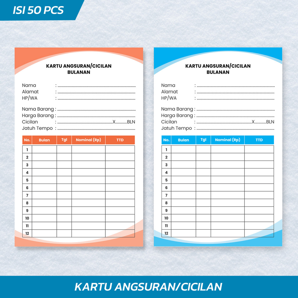

(Isi 50) Kartu Angsuran, Kartu Cicilan Bulanan, Kartu Koperasi, Home Credit