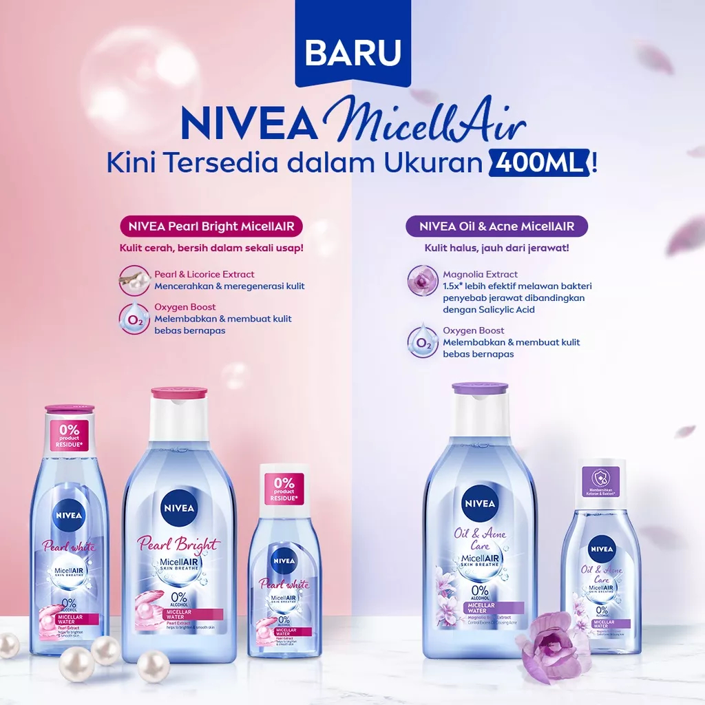 NIVEA MicellAir Micellar Water 125ml | Oil &amp; Acne Care | Pearl &amp; White | Hydration | Pembersih Make Up Tanpa Alkohol Free Waterproof untuk kulit Berjerawat Mencerahkan Melembabkan