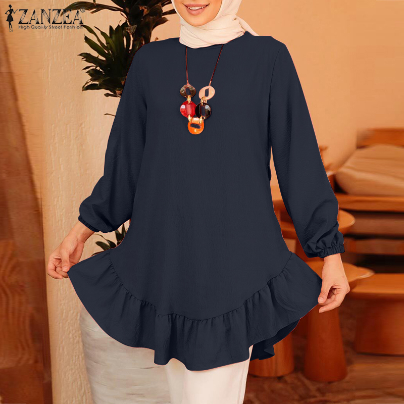 ZANZEA Women Long Sleeve Solid Ruffles Ruffles Hem Elastic Cuff Muslim Blouse