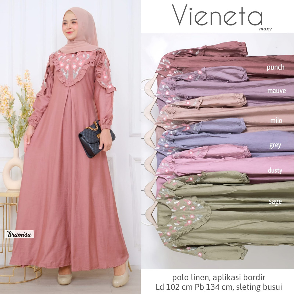 VIENETA DRESS / 15.7 / BAHAN POLO LINEN PREMIUM / LD 102 CM / PB 134 CM / ALLSIZE JUMBO / FIT TO XL / TIRAMISU