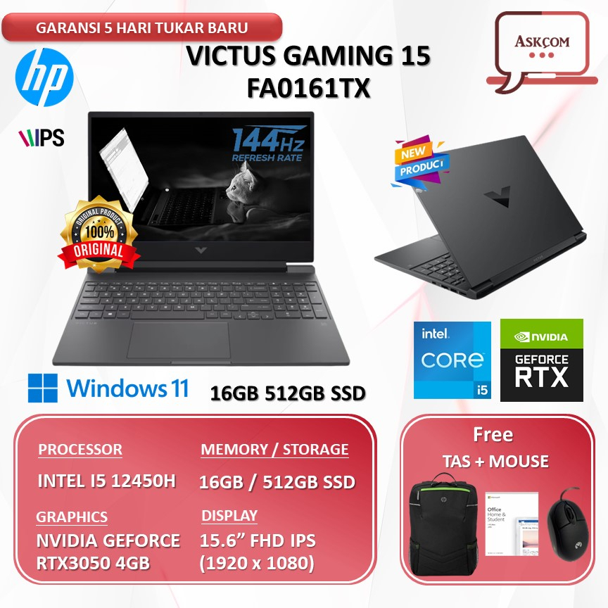 Laptop Gaming HP Victus Gaming 15 FA0161TX RTX3050 4GB I5 12450H 16GB 512GB SSD W11 OHS21 15.6FHD IPS 144HZ