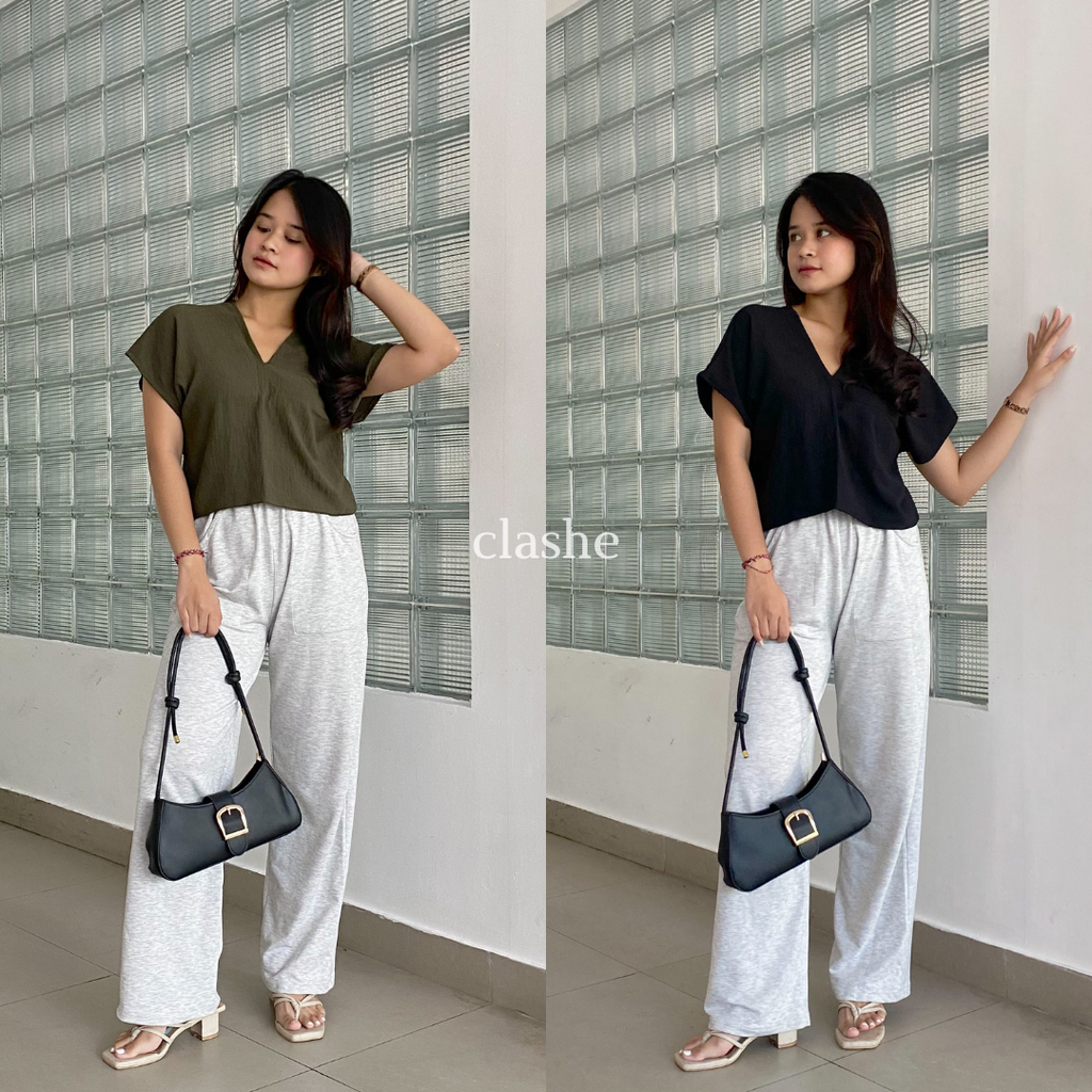 Baju Wanita V Neck Atasan Lengan Pendek Crinkle Airflow Anti Lecek Korean Style Kekinian Terbaru Ootd Vanya Top by Clashe