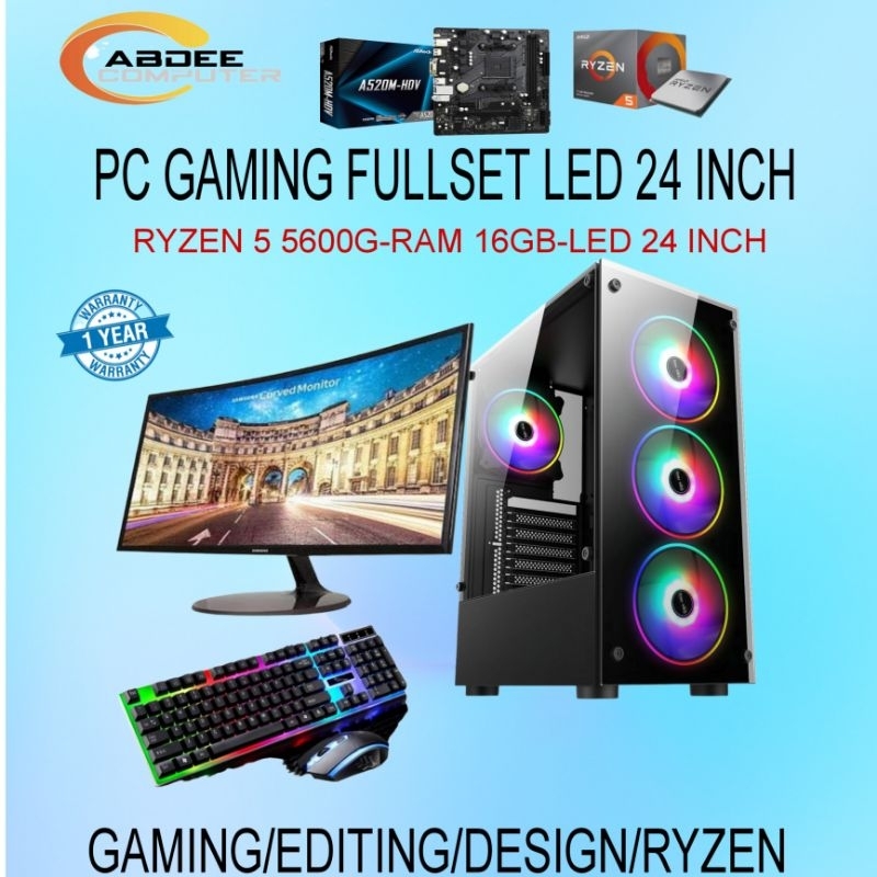 PC GAMING Fullset AMD Ryzen 5 5600G Ram 16 GB SSD 128 GB Led 24&quot; Samsung Lengkap