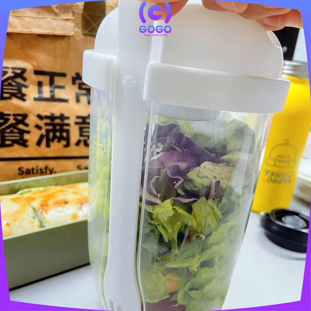 GOGO-C863 Botol Salad 1000ML dengan Sendok Garpu + Botol Saus Kecil Praktis Portable / Tempat Makan Buah Sayur Salad Transparan BPA FREE / Gelas Salad Plastik Import