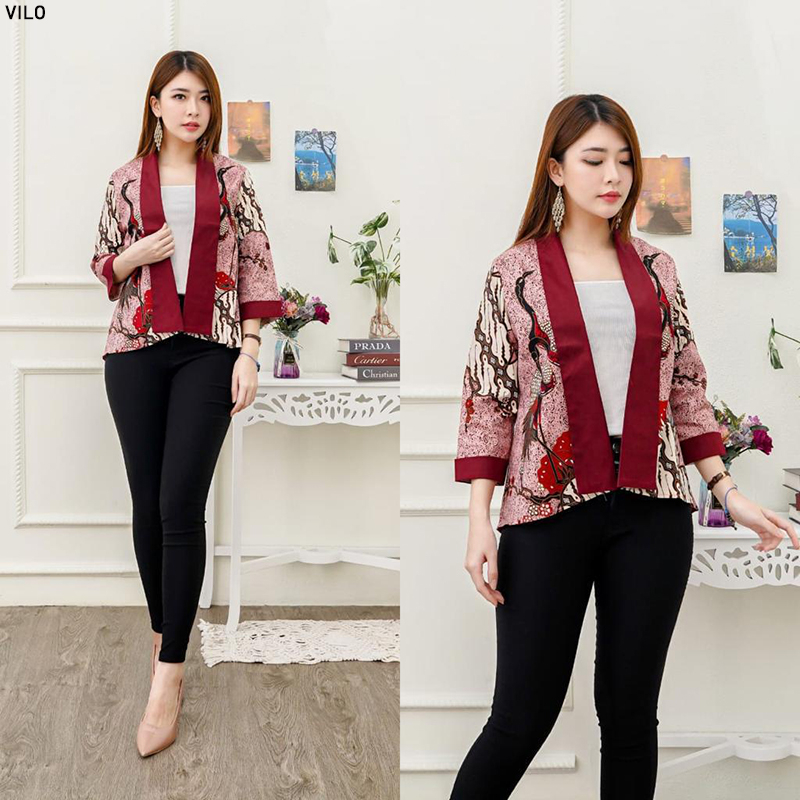 Evercloth Vilo Blazer Batik Wanita Outer Batik Rompi Wanita Jaket Luaran Family Batik Couple Atasan Blouse Batik Bomber Couple Seragam Couple Batik Modern Burung Pink