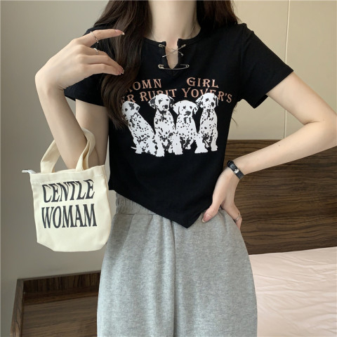 TJM BJ391 Baju Kaos Crop Top Printed Mix Button Pin Atasan Wanita Lengan Pendek Korean Style