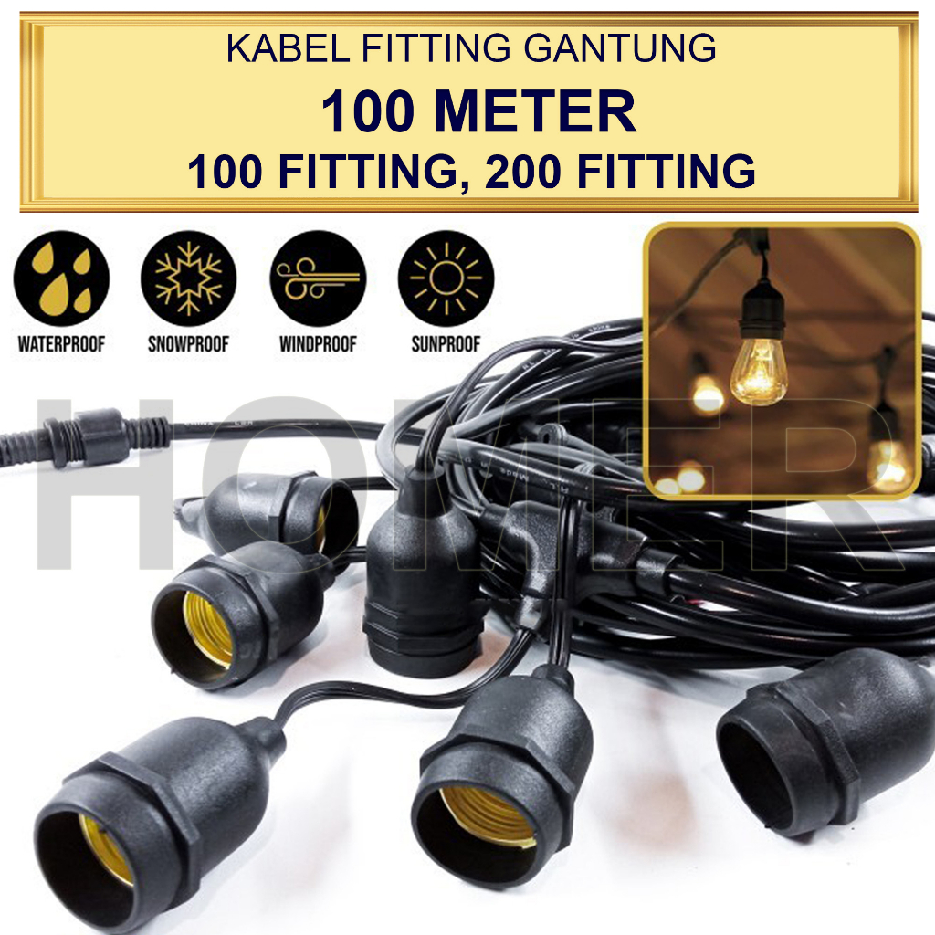 Kabel Fitting Lampu Gantung Outdoor taman edison retro filamen hias Kabel 100 Meter 100m 100 fitting 200 Fitting LAMPU GANTUNG dekorasi Lampu Hias Cafe E27