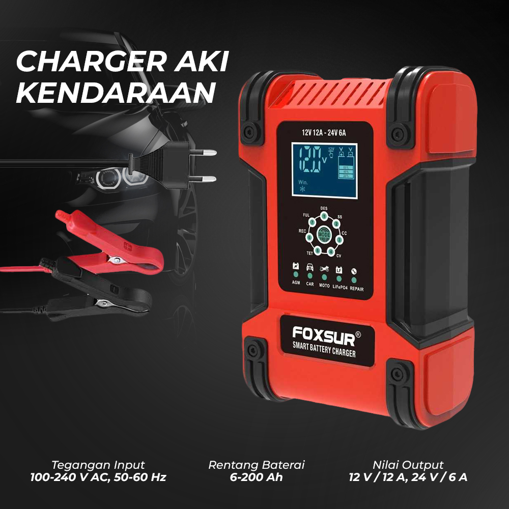 SMART Charger Aki + DESULFATOR PULSE REPARASI Aki Mobil & Motor 150W 12-24V 12A 200Ah LCD Portable 7