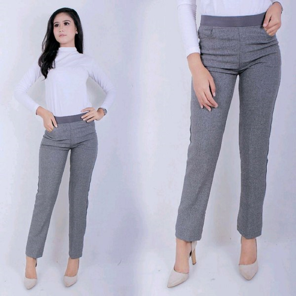 Celana Kerja Formal Wanita Slimfit Bahan Semi Wol Pinggang Full Karet dan Regular Resleting