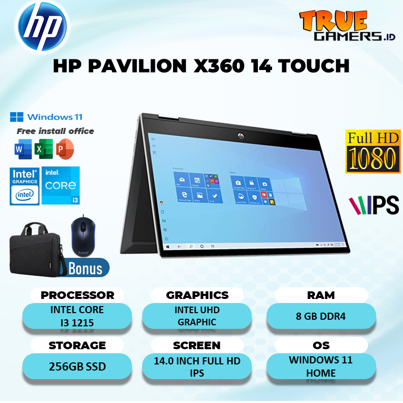 HP PAVILION X360 14 2IN1 TOUCH i3 1215  8GB 256SSD W11 14.0FHD