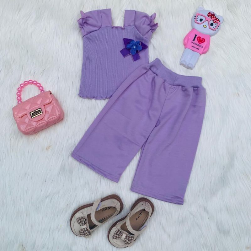 Baju Setelan Anak Cewe Blouse Crop Pita Lucu Ruffle Knit | One set anak Perempuan Bahan Rib knit Dan Celana Baby Terry Import