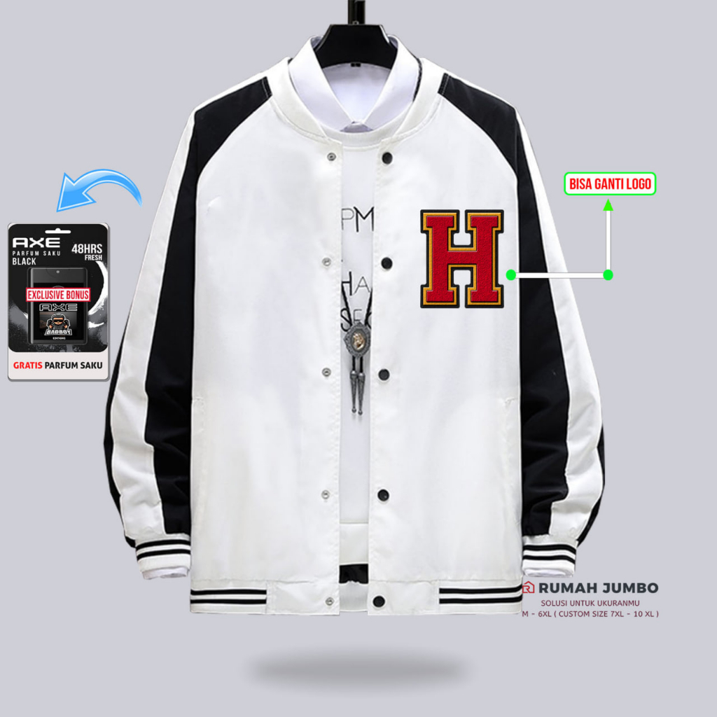 Jaket Bomber Varsity Oversize (M - 6XL) Baseball Custom H WHITE BLACK