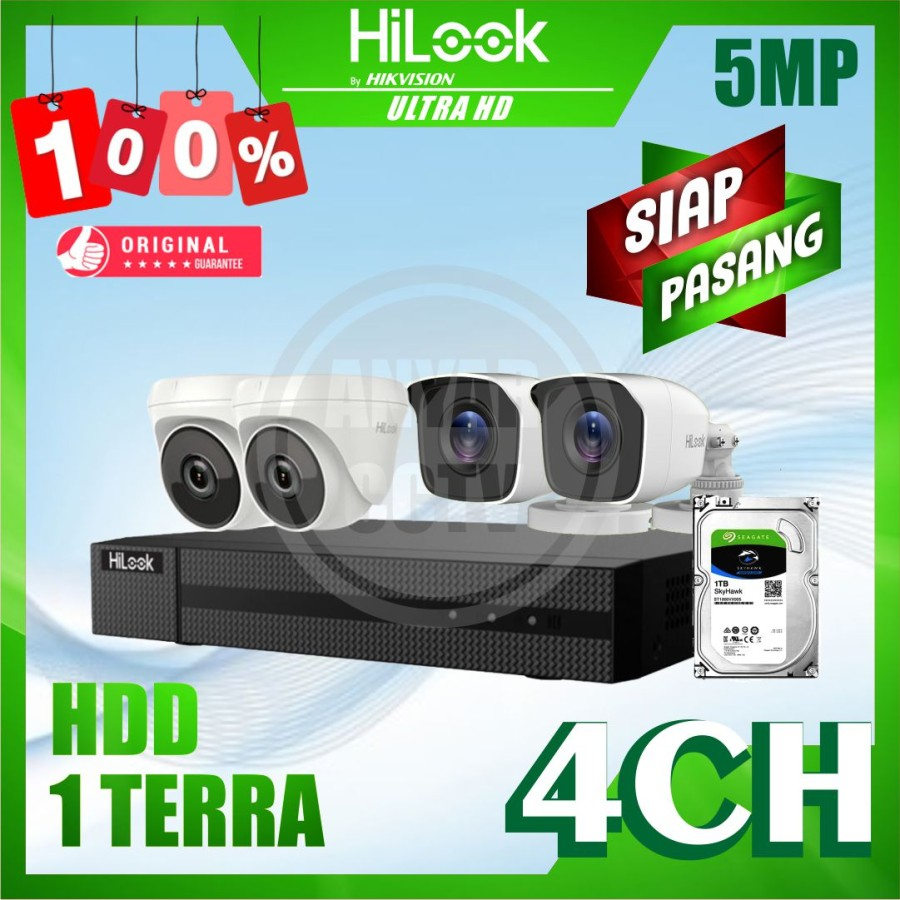 Paket CCTV HiLook by Hikvision 5MP 4 Kamera HDD 1TB Siap Pasang