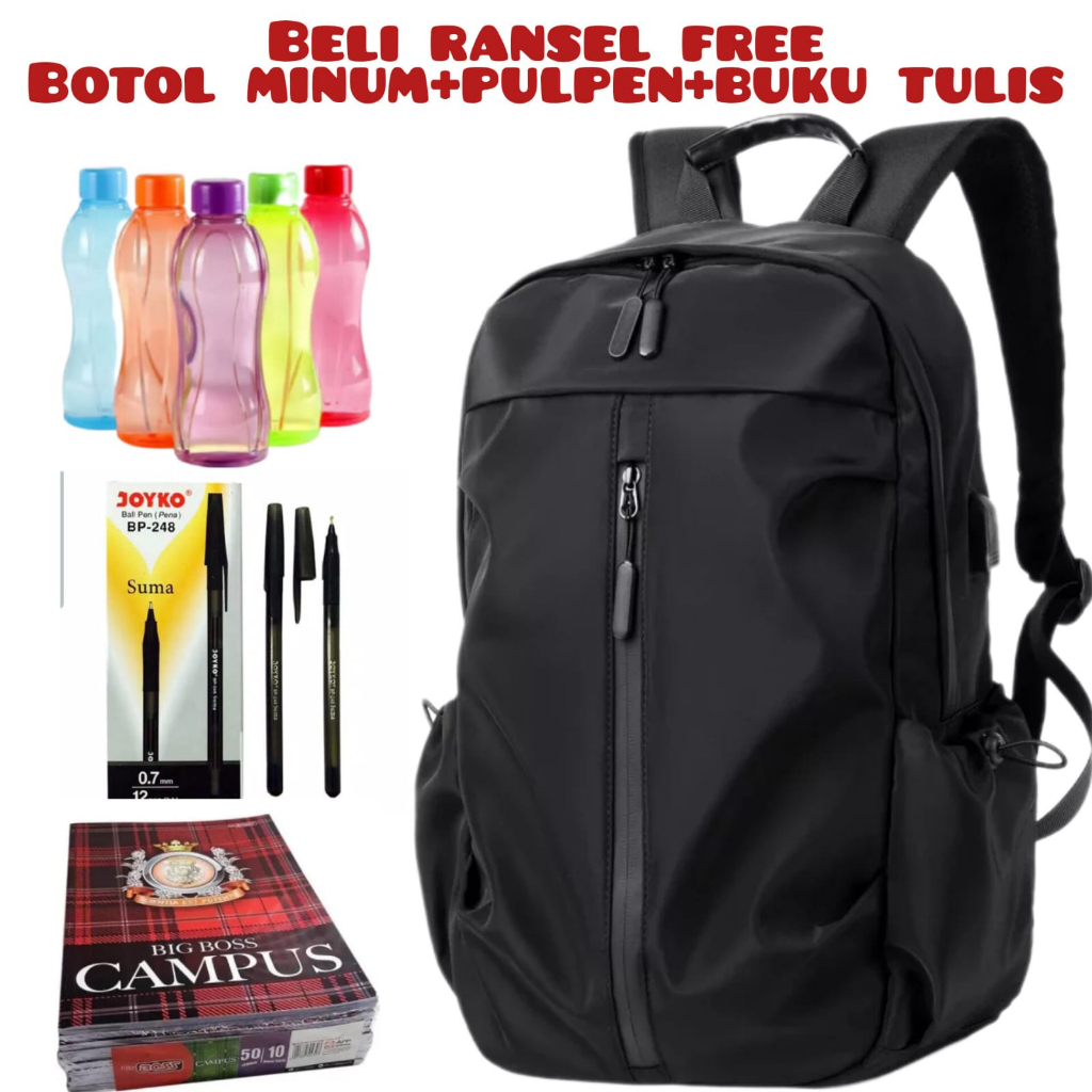 JS_Beli 1 Dapat 4-Tas Ransel Laptop Kerja Sekolah Pria Anti Air Bahan Longcham Premium Stylish Fashionable Beli Ransel Free Botol Minum+Pulpen+Buku Tulis