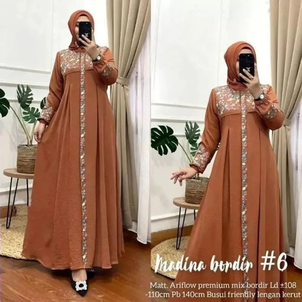 NEW Madina Dress Bahan Crinkle Bordir - Gamis Bordir Terlaris - Pakaian Muslim Wanita