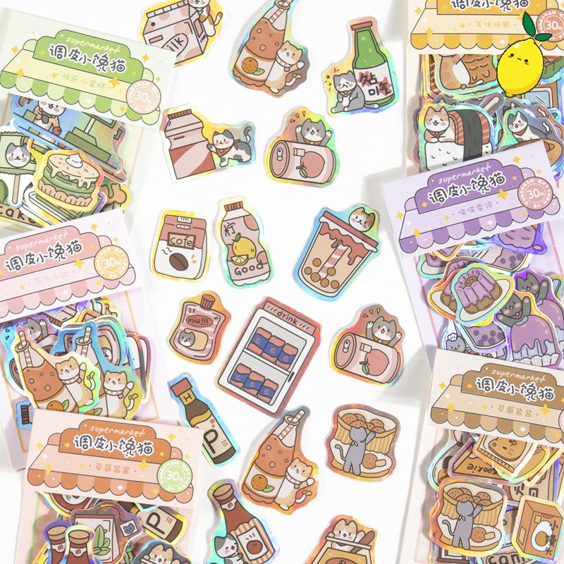 

Stiker Lucu Supermarket Naughty Cat Hologram Flake Stickers Set